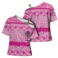 Hawaiian Hibiscus Honu Cross Shoulder Shirt Pink Mele Kalikimaka Palaka Spirit - Polynesian Pride