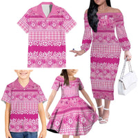 Hawaiian Hibiscus Honu Family Matching Off The Shoulder Long Sleeve Dress and Hawaiian Shirt Pink Mele Kalikimaka Palaka Spirit LT9 - Polynesian Pride