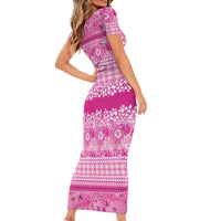 Hawaiian Hibiscus Honu Short Sleeve Bodycon Dress Pink Mele Kalikimaka Palaka Spirit - Polynesian Pride