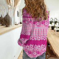 Hawaiian Hibiscus Honu Women Casual Shirt Pink Mele Kalikimaka Palaka Spirit - Polynesian Pride