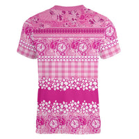 Hawaiian Hibiscus Honu Women V-Neck T-Shirt Pink Mele Kalikimaka Palaka Spirit LT9 - Polynesian Pride