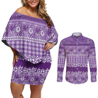 Hawaiian Hibiscus Honu Couples Matching Off Shoulder Short Dress and Long Sleeve Button Shirt Purple Mele Kalikimaka Palaka Spirit LT9 Purple - Polynesian Pride