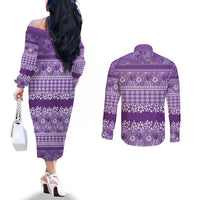 Hawaiian Hibiscus Honu Couples Matching Off The Shoulder Long Sleeve Dress and Long Sleeve Button Shirt Purple Mele Kalikimaka Palaka Spirit LT9 - Polynesian Pride