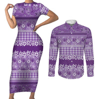 Hawaiian Hibiscus Honu Couples Matching Short Sleeve Bodycon Dress and Long Sleeve Button Shirt Purple Mele Kalikimaka Palaka Spirit LT9 Purple - Polynesian Pride