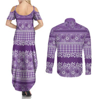 Hawaiian Hibiscus Honu Couples Matching Summer Maxi Dress and Long Sleeve Button Shirt Purple Mele Kalikimaka Palaka Spirit LT9 - Polynesian Pride