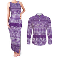 Hawaiian Hibiscus Honu Couples Matching Tank Maxi Dress and Long Sleeve Button Shirt Purple Mele Kalikimaka Palaka Spirit LT9 Purple - Polynesian Pride