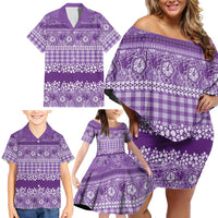 Hawaiian Hibiscus Honu Family Matching Off Shoulder Short Dress and Hawaiian Shirt Purple Mele Kalikimaka Palaka Spirit LT9 - Polynesian Pride