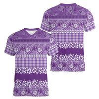 Hawaiian Hibiscus Honu Women V-Neck T-Shirt Purple Mele Kalikimaka Palaka Spirit LT9 - Polynesian Pride