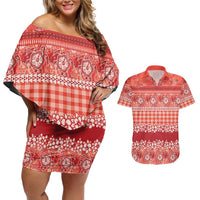 Hawaiian Hibiscus Honu Couples Matching Off Shoulder Short Dress and Hawaiian Shirt Red Mele Kalikimaka Palaka Spirit LT9 Red - Polynesian Pride