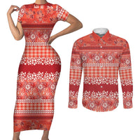 Hawaiian Hibiscus Honu Couples Matching Short Sleeve Bodycon Dress and Long Sleeve Button Shirt Red Mele Kalikimaka Palaka Spirit LT9 Red - Polynesian Pride