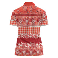 Hawaiian Hibiscus Honu Women Polo Shirt Red Mele Kalikimaka Palaka Spirit - Polynesian Pride