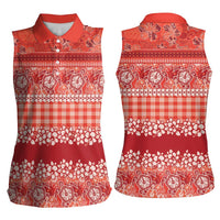 Hawaiian Hibiscus Honu Women Sleeveless Polo Shirt Red Mele Kalikimaka Palaka Spirit LT9 - Polynesian Pride