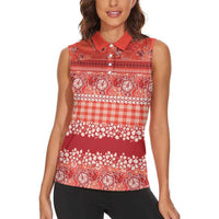 Hawaiian Hibiscus Honu Women Sleeveless Polo Shirt Red Mele Kalikimaka Palaka Spirit LT9 - Polynesian Pride