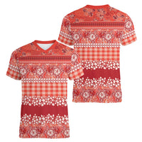Hawaiian Hibiscus Honu Women V-Neck T-Shirt Red Mele Kalikimaka Palaka Spirit - Polynesian Pride