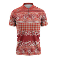 Hawaiian Hibiscus Honu Zipper Polo Shirt Red Mele Kalikimaka Palaka Spirit - Polynesian Pride