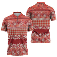 Hawaiian Hibiscus Honu Zipper Polo Shirt Red Mele Kalikimaka Palaka Spirit - Polynesian Pride