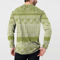 Hawaiian Hibiscus Honu Button Sweatshirt Sage Green Mele Kalikimaka Palaka Spirit LT9 - Polynesian Pride