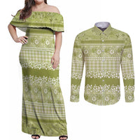 Hawaiian Hibiscus Honu Couples Matching Off Shoulder Maxi Dress and Long Sleeve Button Shirt Sage Green Mele Kalikimaka Palaka Spirit LT9 Sage Green - Polynesian Pride