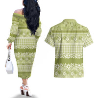 Hawaiian Hibiscus Honu Couples Matching Off The Shoulder Long Sleeve Dress and Hawaiian Shirt Sage Green Mele Kalikimaka Palaka Spirit LT9 - Polynesian Pride