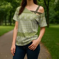 Hawaiian Hibiscus Honu Cross Shoulder Shirt Sage Green Mele Kalikimaka Palaka Spirit - Polynesian Pride