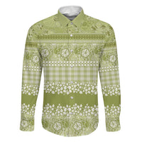 Hawaiian Hibiscus Honu Family Matching Off The Shoulder Long Sleeve Dress and Hawaiian Shirt Sage Green Mele Kalikimaka Palaka Spirit LT9 Dad's Shirt - Long Sleeve Sage Green - Polynesian Pride