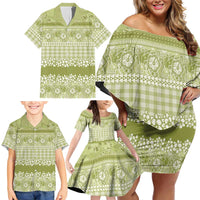 Hawaiian Hibiscus Honu Family Matching Off Shoulder Short Dress and Hawaiian Shirt Sage Green Mele Kalikimaka Palaka Spirit LT9 - Polynesian Pride