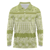 Hawaiian Hibiscus Honu Long Sleeve Polo Shirt Sage Green Mele Kalikimaka Palaka Spirit - Polynesian Pride