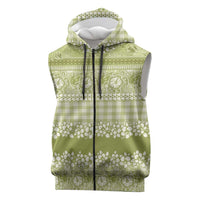 Hawaiian Hibiscus Honu Sleeveless Zip Hoodie Sage Green Mele Kalikimaka Palaka Spirit - Polynesian Pride