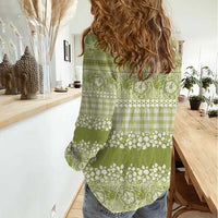 Hawaiian Hibiscus Honu Women Casual Shirt Sage Green Mele Kalikimaka Palaka Spirit LT9 - Polynesian Pride