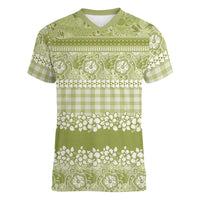 Hawaiian Hibiscus Honu Women V-Neck T-Shirt Sage Green Mele Kalikimaka Palaka Spirit LT9 Female Sage Green - Polynesian Pride