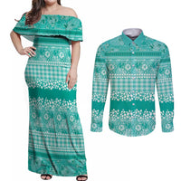 Hawaiian Hibiscus Honu Couples Matching Off Shoulder Maxi Dress and Long Sleeve Button Shirt Turquoise Mele Kalikimaka Palaka Spirit - Polynesian Pride
