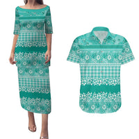Hawaiian Hibiscus Honu Couples Matching Puletasi and Hawaiian Shirt Turquoise Mele Kalikimaka Palaka Spirit LT9 Turquoise - Polynesian Pride