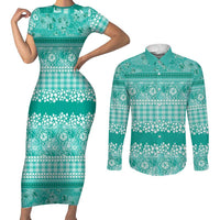 Hawaiian Hibiscus Honu Couples Matching Short Sleeve Bodycon Dress and Long Sleeve Button Shirt Turquoise Mele Kalikimaka Palaka Spirit LT9 Turquoise - Polynesian Pride