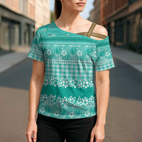 Hawaiian Hibiscus Honu Cross Shoulder Shirt Turquoise Mele Kalikimaka Palaka Spirit - Polynesian Pride