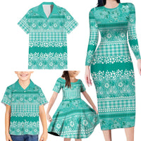 Hawaiian Hibiscus Honu Family Matching Long Sleeve Bodycon Dress and Hawaiian Shirt Turquoise Mele Kalikimaka Palaka Spirit LT9 - Polynesian Pride