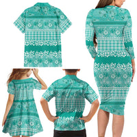 Hawaiian Hibiscus Honu Family Matching Long Sleeve Bodycon Dress and Hawaiian Shirt Turquoise Mele Kalikimaka Palaka Spirit LT9 - Polynesian Pride