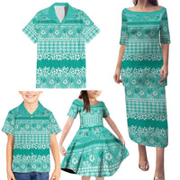 Hawaiian Hibiscus Honu Family Matching Puletasi and Hawaiian Shirt Turquoise Mele Kalikimaka Palaka Spirit LT9 - Polynesian Pride