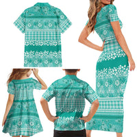 Hawaiian Hibiscus Honu Family Matching Short Sleeve Bodycon Dress and Hawaiian Shirt Turquoise Mele Kalikimaka Palaka Spirit LT9 - Polynesian Pride