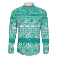 Hawaiian Hibiscus Honu Family Matching Tank Maxi Dress and Hawaiian Shirt Turquoise Mele Kalikimaka Palaka Spirit LT9 Dad's Shirt - Long Sleeve Turquoise - Polynesian Pride