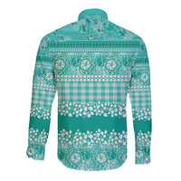 Hawaiian Hibiscus Honu Long Sleeve Button Shirt Turquoise Mele Kalikimaka Palaka Spirit - Polynesian Pride