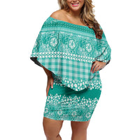Hawaiian Hibiscus Honu Off Shoulder Short Dress Turquoise Mele Kalikimaka Palaka Spirit - Polynesian Pride