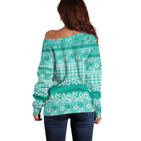 Hawaiian Hibiscus Honu Off Shoulder Sweater Turquoise Mele Kalikimaka Palaka Spirit LT9 - Polynesian Pride