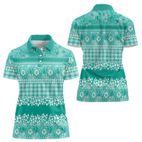 Hawaiian Hibiscus Honu Women Polo Shirt Turquoise Mele Kalikimaka Palaka Spirit - Polynesian Pride