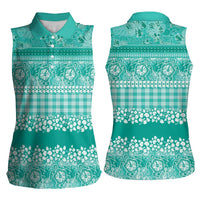 Hawaiian Hibiscus Honu Women Sleeveless Polo Shirt Turquoise Mele Kalikimaka Palaka Spirit LT9 - Polynesian Pride