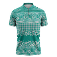 Hawaiian Hibiscus Honu Zipper Polo Shirt Turquoise Mele Kalikimaka Palaka Spirit - Polynesian Pride