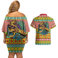 Hawaiian Pineapples Skull Couples Matching Off Shoulder Short Dress and Hawaiian Shirt Mele Kalikimaka Palaka Quilt Pattern - Polynesian Pride