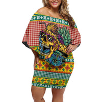 Hawaiian Pineapples Skull Off Shoulder Short Dress Mele Kalikimaka Palaka Quilt Pattern LT9 Women Yellow - Polynesian Pride
