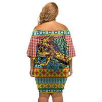 Hawaiian Pineapples Skull Off Shoulder Short Dress Mele Kalikimaka Palaka Quilt Pattern LT9 - Polynesian Pride