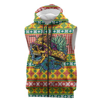 Hawaiian Pineapples Skull Sleeveless Zip Hoodie Mele Kalikimaka Palaka Quilt Pattern - Polynesian Pride