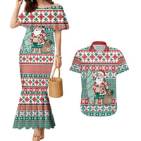 Hawaiian Funny Santa Surf Couples Matching Mermaid Dress and Hawaiian Shirt Mele Kalikimaka Palaka Quilt Pattern - Polynesian Pride